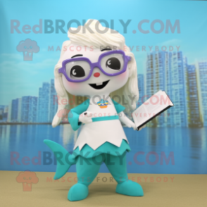 White Mermaid mascot costume character dressed with a Capri Pants and Reading glasses