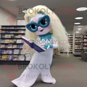 White Mermaid mascot costume character dressed with a Capri Pants and Reading glasses