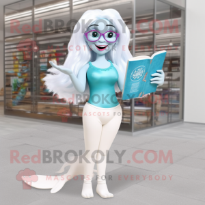 White Mermaid mascot costume character dressed with a Capri Pants and Reading glasses