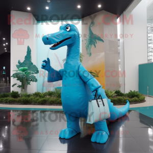 Cyan Brachiosaurus mascot costume character dressed with a Raincoat and Briefcases