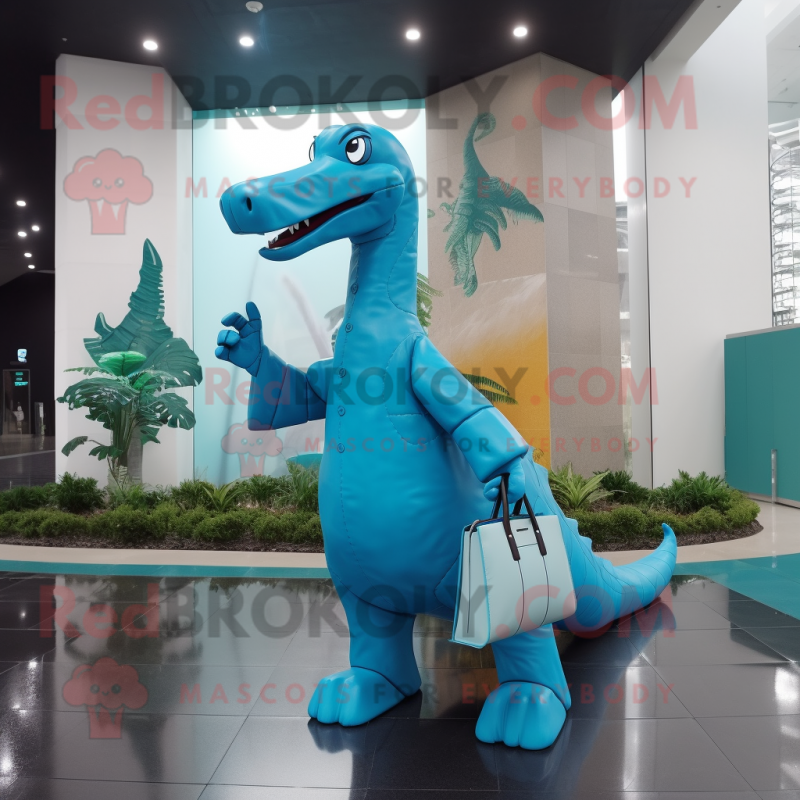 Cyan Brachiosaurus mascot costume character dressed with a Raincoat and Briefcases Cyan Brachiosaurus mascot costume character dressed with a Raincoat and Briefcases