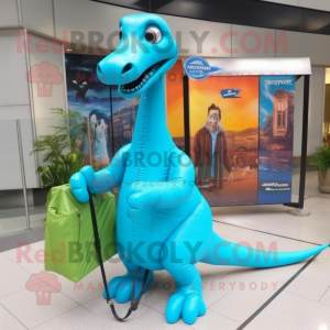 Cyan Brachiosaurus mascot costume character dressed with a Raincoat and Briefcases