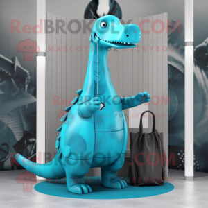 Cyan Brachiosaurus mascot costume character dressed with a Raincoat and Briefcases