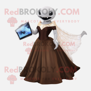 Brown Manta Ray mascot costume character dressed with a Ball Gown and Wallets