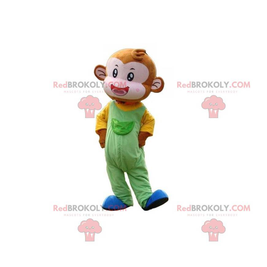 Mascote de macaco com uma roupa colorida, fantasia de sagui -