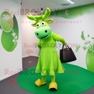 Lime Green Jersey Cow mascot costume character dressed with a Midi Dress and Clutch bags