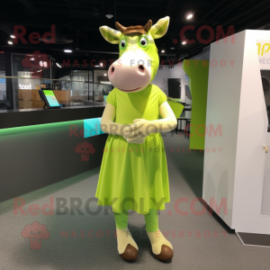 Lime Green Jersey Cow mascot costume character dressed with a Midi Dress and Clutch bags