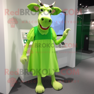 Lime Green Jersey Cow mascot costume character dressed with a Midi Dress and Clutch bags