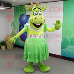 Lime Green Jersey Cow mascot costume character dressed with a Midi Dress and Clutch bags