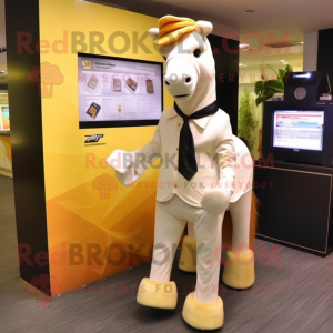 Cream Horse mascot costume character dressed with a Suit Pants and Scarves