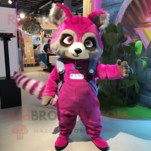 Magenta Raccoon mascot costume character dressed with a Dungarees and Wraps