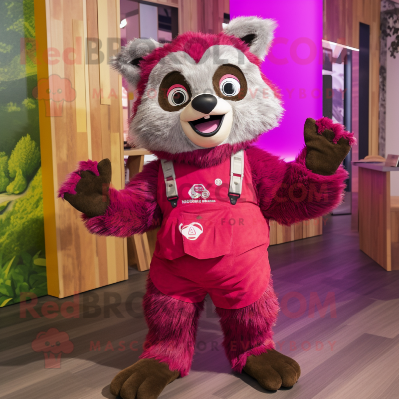 Magenta Raccoon mascot costume character dressed with a Dungarees and Wraps Magenta Raccoon mascot costume character dressed with a Dungarees and Wraps