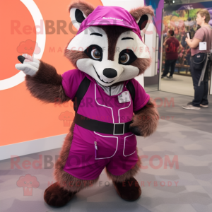 Magenta Raccoon mascot costume character dressed with a Dungarees and Wraps
