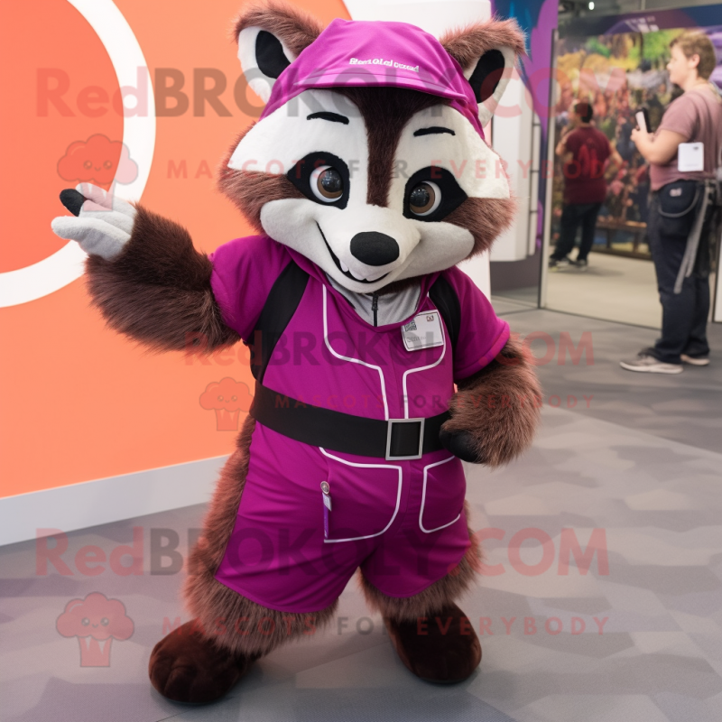 Magenta Raccoon mascot costume character dressed with a Dungarees and Wraps Magenta Raccoon mascot costume character dressed with a Dungarees and Wraps