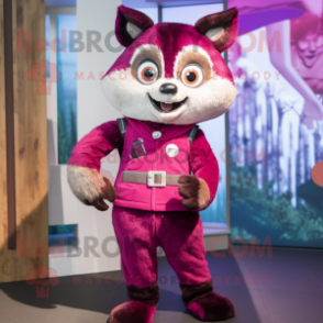 Magenta Raccoon mascot costume character dressed with a Dungarees and Wraps