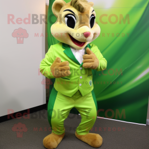 Lime Green Chipmunk mascot costume character dressed with a Capri Pants and Tie pins
