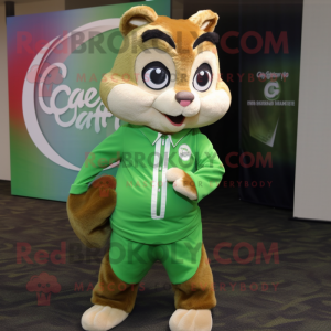 Lime Green Chipmunk mascot costume character dressed with a Capri Pants and Tie pins