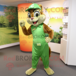 Lime Green Chipmunk mascot costume character dressed with a Capri Pants and Tie pins