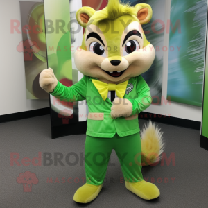 Lime Green Chipmunk mascot costume character dressed with a Capri Pants and Tie pins