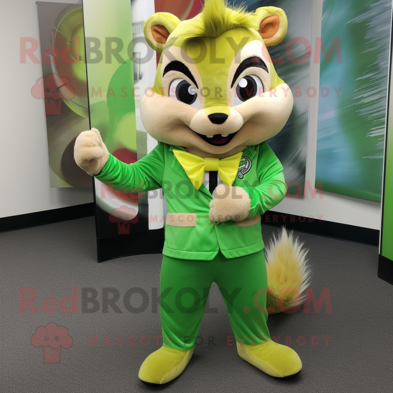 Lime Green Chipmunk mascot costume character dressed with a Capri Pants and Tie pins