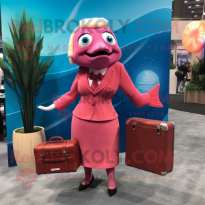 Magenta Salmon mascot costume character dressed with a Cocktail Dress and Briefcases