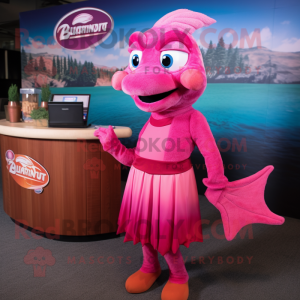 Magenta Salmon mascot costume character dressed with a Cocktail Dress and Briefcases