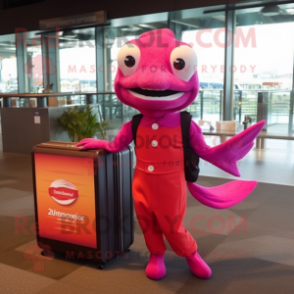 Magenta Salmon mascot costume character dressed with a Cocktail Dress and Briefcases