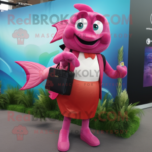 Magenta Salmon mascot costume character dressed with a Cocktail Dress and Briefcases