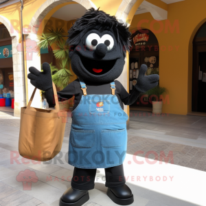 Black Paella mascot costume character dressed with a Denim Shirt and Tote bags