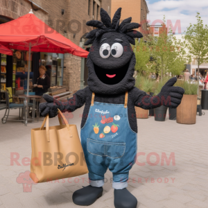 Black Paella mascot costume character dressed with a Denim Shirt and Tote bags