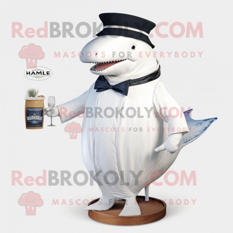 White Humpback Whale mascot costume character dressed with a Cocktail Dress and Hats