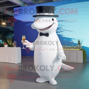 White Humpback Whale mascot costume character dressed with a Cocktail Dress and Hats
