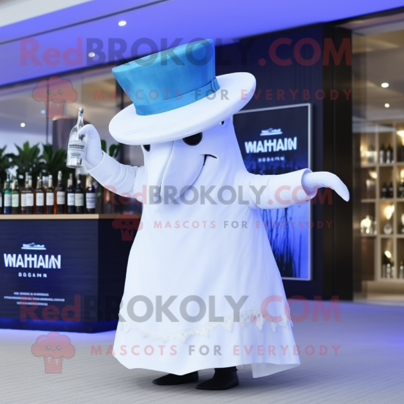 White Humpback Whale mascot costume character dressed with a Cocktail Dress and Hats