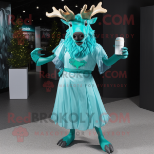 Cyan Irish Elk mascot costume character dressed with a Cocktail Dress and Handbags