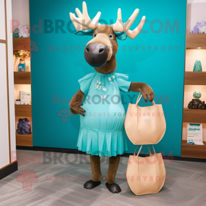 Cyan Irish Elk mascot costume character dressed with a Cocktail Dress and Handbags