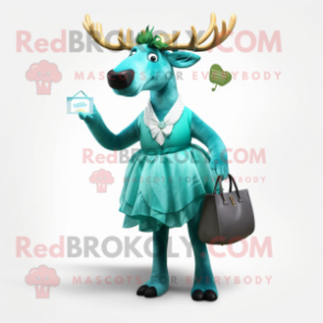 Cyan Irish Elk mascot costume character dressed with a Cocktail Dress and Handbags