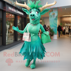Cyan Irish Elk mascot costume character dressed with a Cocktail Dress and Handbags