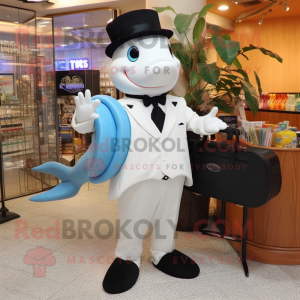 White Dolphin mascot costume character dressed with a Tuxedo and Messenger bags