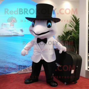 White Dolphin mascot costume character dressed with a Tuxedo and Messenger bags