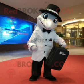 White Dolphin mascot costume character dressed with a Tuxedo and Messenger bags