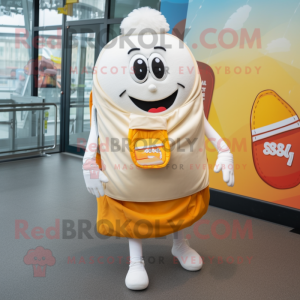 Cream Shakshuka mascot costume character dressed with a Dress and Backpacks