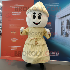 Cream Shakshuka mascot costume character dressed with a Dress and Backpacks