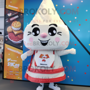 Cream Shakshuka mascot costume character dressed with a Dress and Backpacks