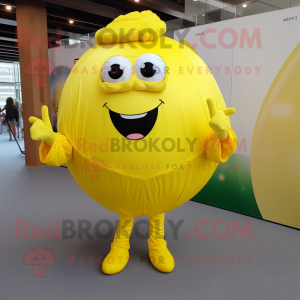 Lemon Yellow Human Cannon Ball mascot costume character dressed with a Dress Pants and Hairpins