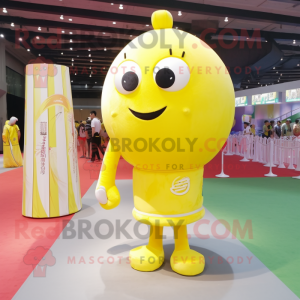 Lemon Yellow Human Cannon Ball mascot costume character dressed with a Dress Pants and Hairpins