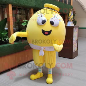 Lemon Yellow Human Cannon Ball mascot costume character dressed with a Dress Pants and Hairpins
