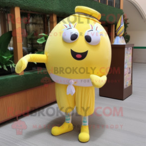 Lemon Yellow Human Cannon Ball mascot costume character dressed with a Dress Pants and Hairpins