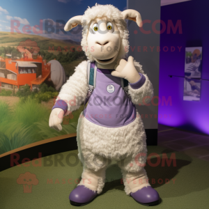 Lavender Suffolk Sheep mascot costume character dressed with a Jumpsuit and Anklets