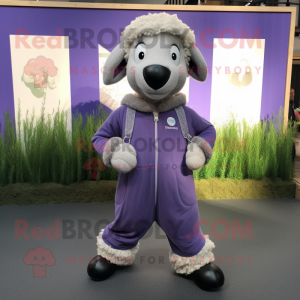 Lavender Suffolk Sheep mascot costume character dressed with a Jumpsuit and Anklets