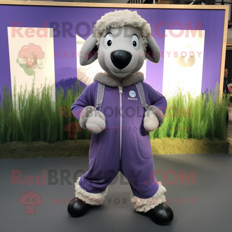 Lavender Suffolk Sheep mascot costume character dressed with a Jumpsuit and Anklets Lavender Suffolk Sheep mascot costume character dressed with a Jumpsuit and Anklets